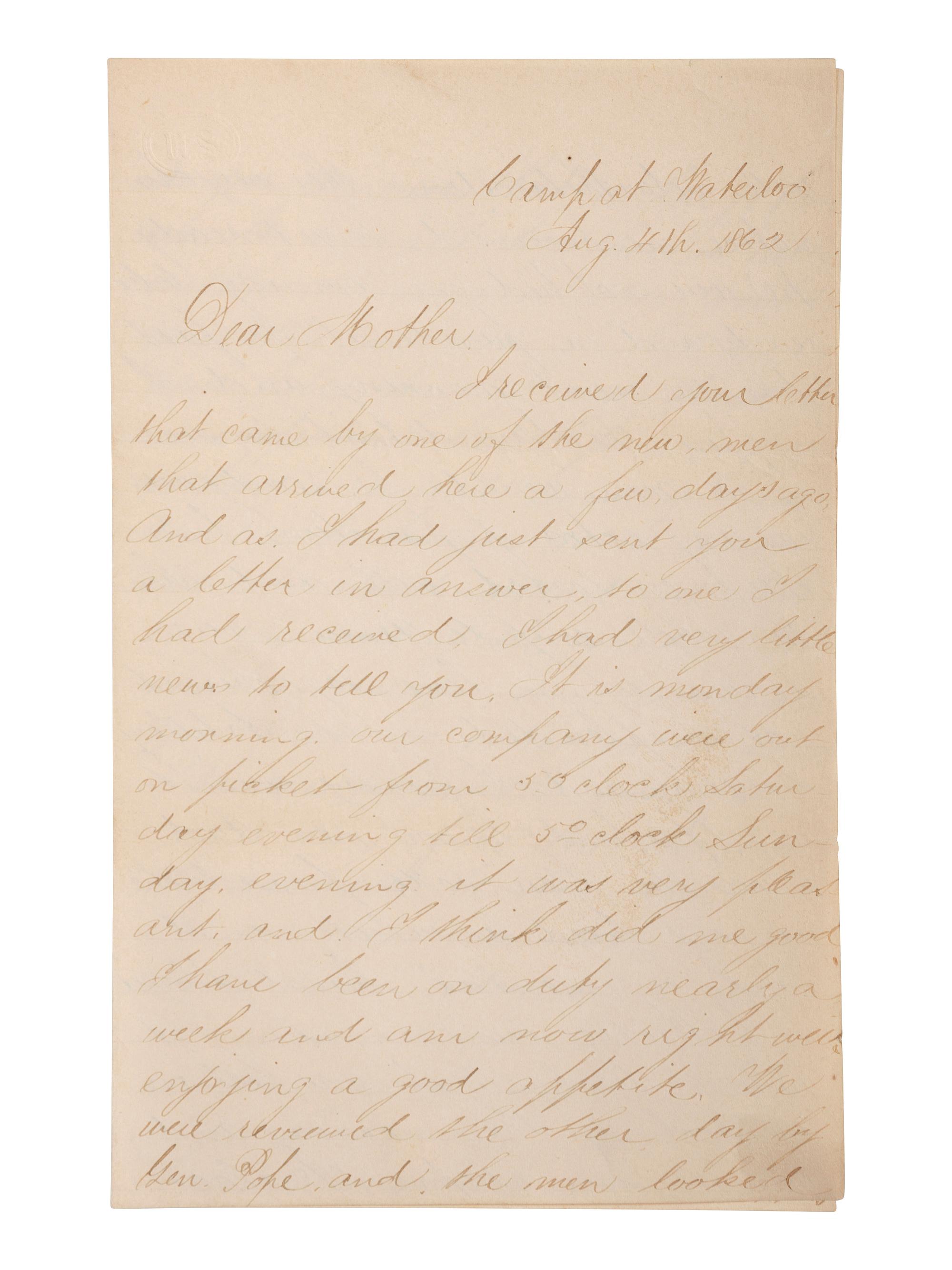 [CIVIL WAR]. Archive related to Albert Campbell Johnston and Nathaniel Dillhorn, 90th Pennsylvania Volunteers, incl. letter detailing the Battle of Cedar Mountain.