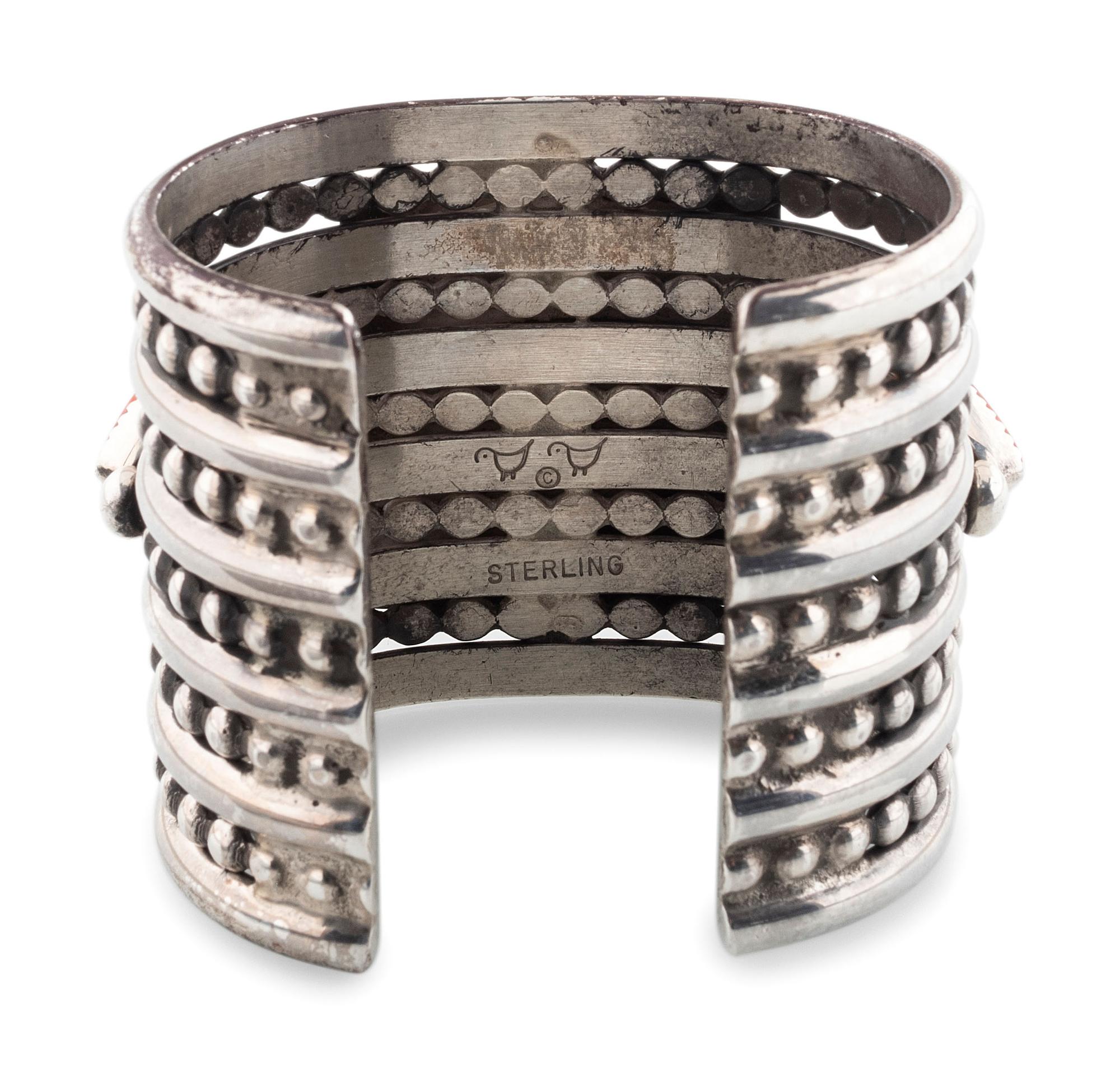 Wide Sterling Silver Cuff Bracelet, Set with Jet and Spiny Oyster