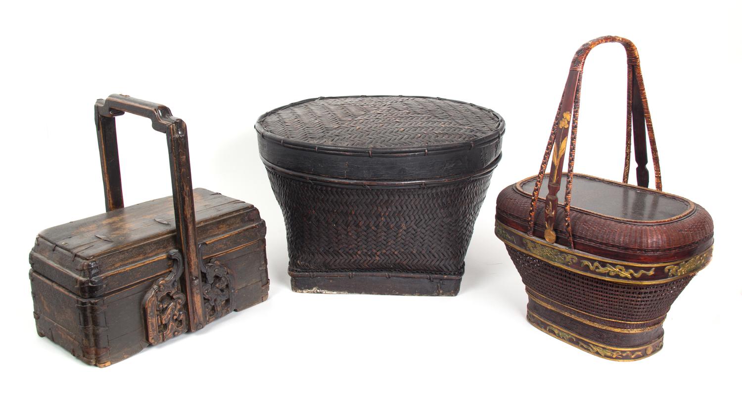 Three Decorative Asian Containers Height of tallest 19 inches. — 19TH/20TH CENTURY