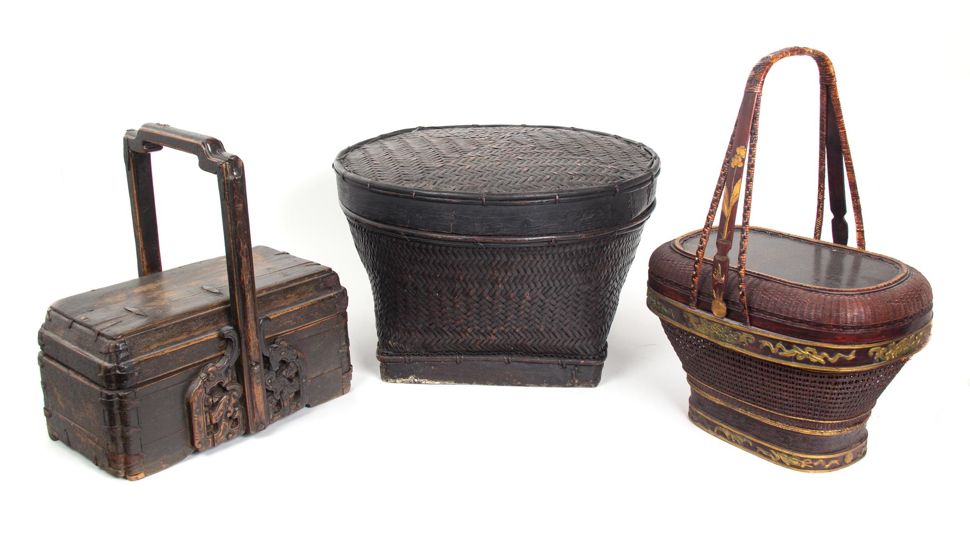 Three Decorative Asian Containers Height of tallest 19 inches. — 19TH/20TH CENTURY