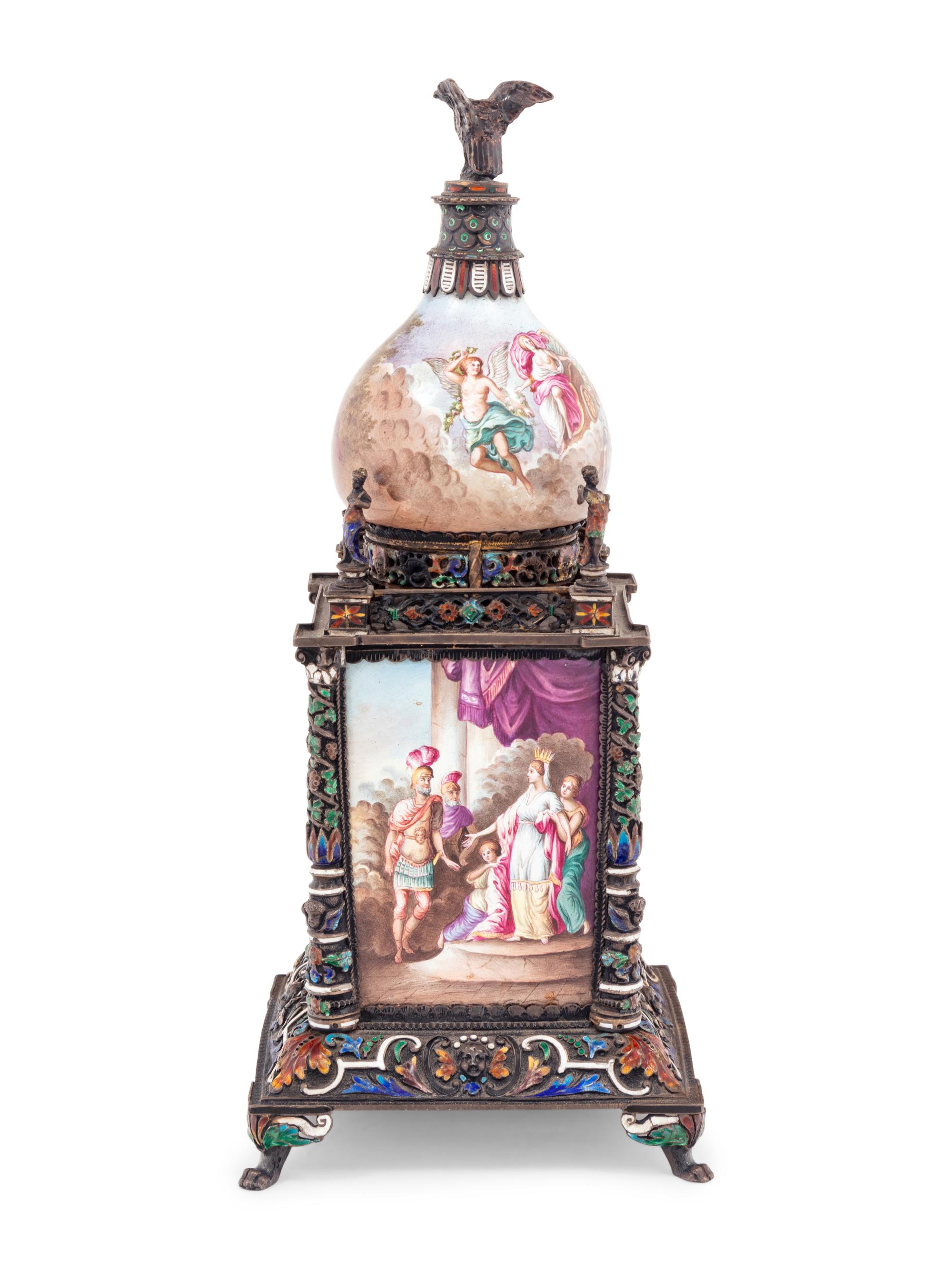 A Viennese Enameled Silver and Champlevé Bronze Mantel Clock