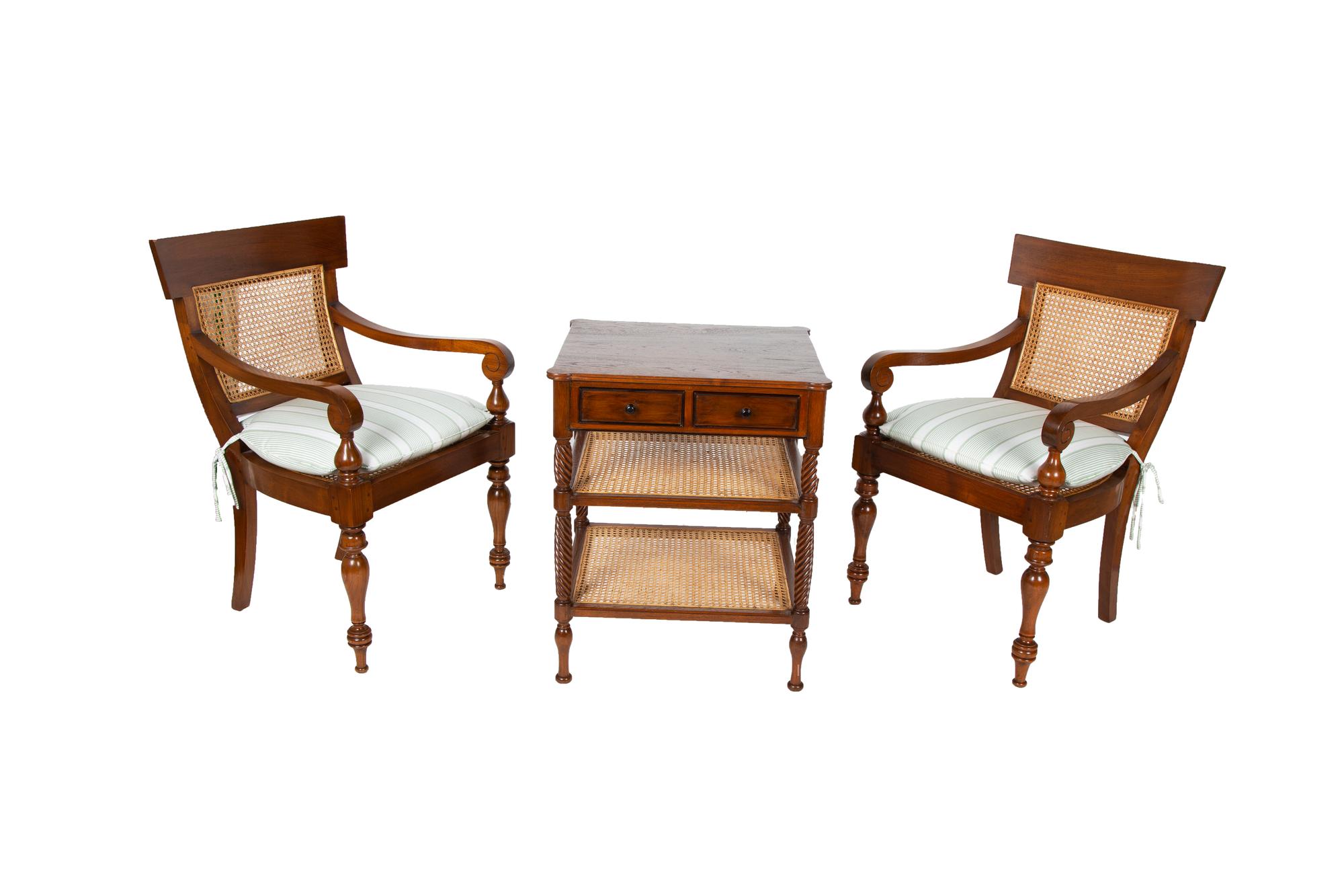A Pair of Plantation Style Teak Open Armchairs and a Two-Tier Side Table — 20TH CENTURY