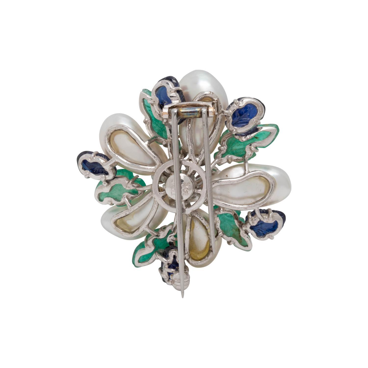 TRIO, DIAMOND, CULTURED BAROQUE PEARL, EMERALD AND SAPPHIRE BROOCH