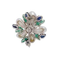 TRIO, DIAMOND, CULTURED BAROQUE PEARL, EMERALD AND SAPPHIRE BROOCH