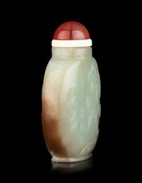A Chinese Russet and Celadon Jade Snuff Bottle