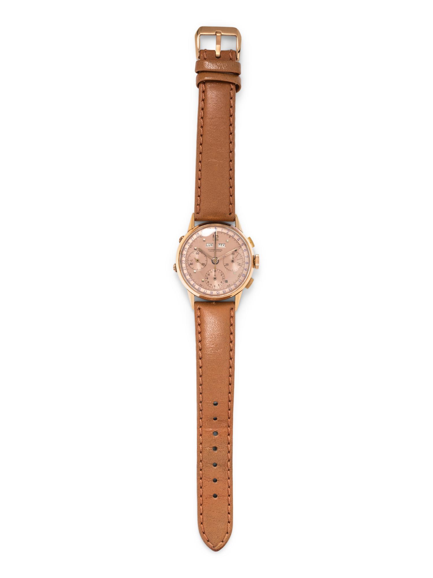 VINTAGE, 18K PINK GOLD DAY DATE CHRONOGRAPH WRISTWATCH
