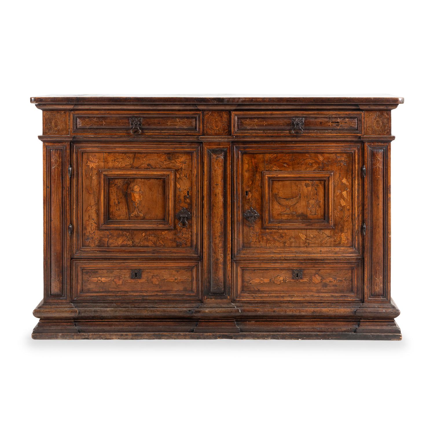 An Italian Baroque Walnut and Marquetry Cabinet