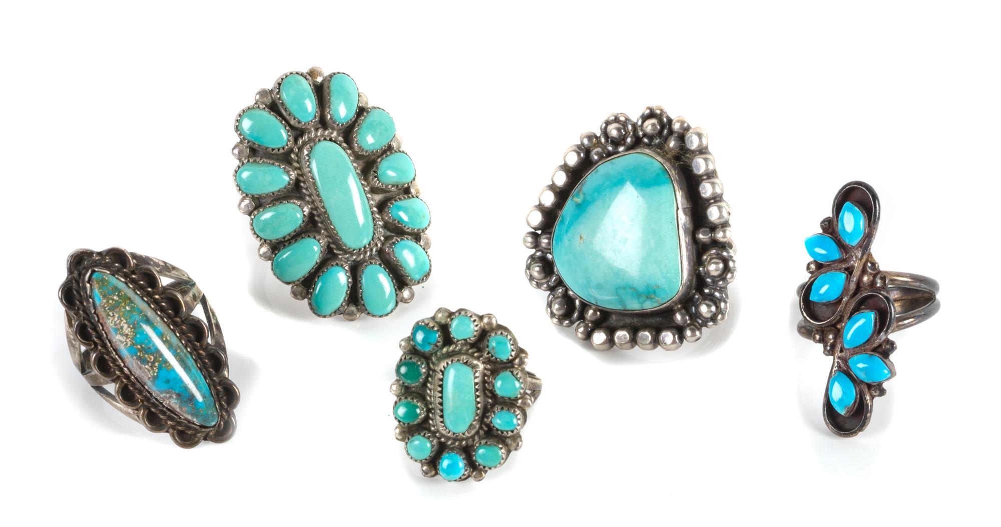 Five Southwestern Silver and Turquoise Rings
