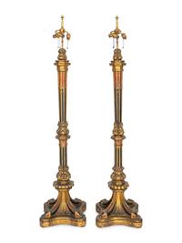 A Pair of Large Gothic Style Giltwood and Polychrome-Painted Floor Lamps