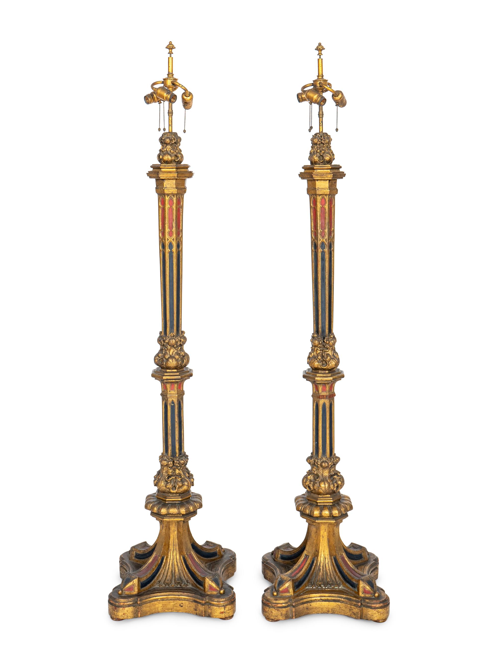 A Pair of Large Gothic Style Giltwood and Polychrome-Painted Floor Lamps