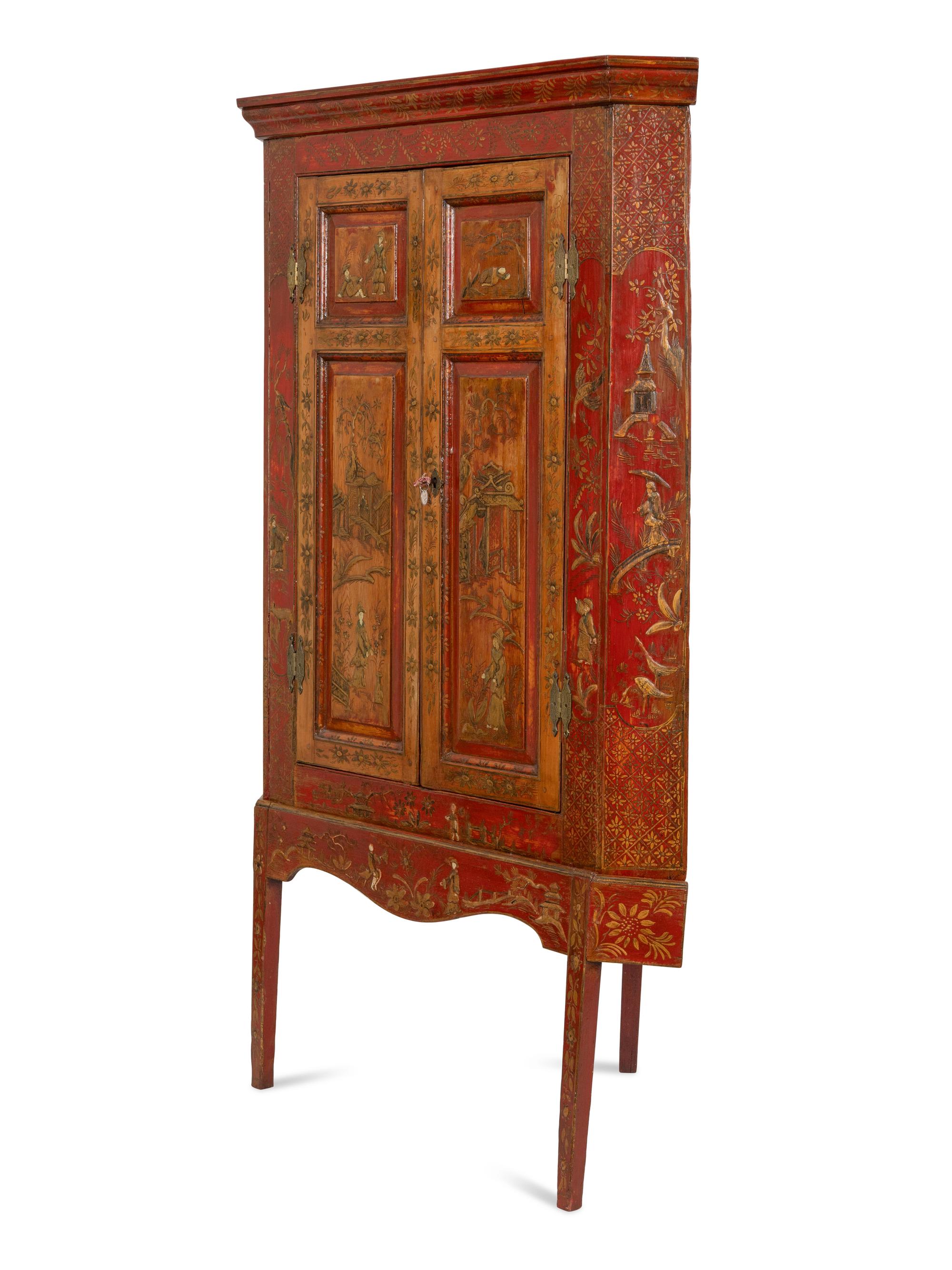 A Georgian Style Red Japanned Corner Cabinet