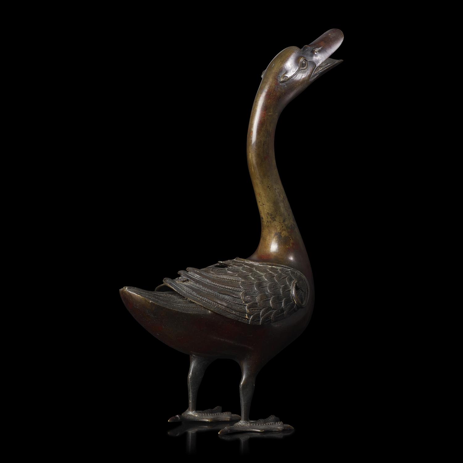 A Patinated Bronze Archaistic "Goose" Covered Censer, 18th/19th Century or Earlier 清中期或更早 仿古銅鳧香薰