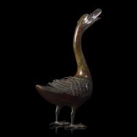 A Patinated Bronze Archaistic "Goose" Covered Censer, 18th/19th Century or Earlier 清中期或更早 仿古銅鳧香薰