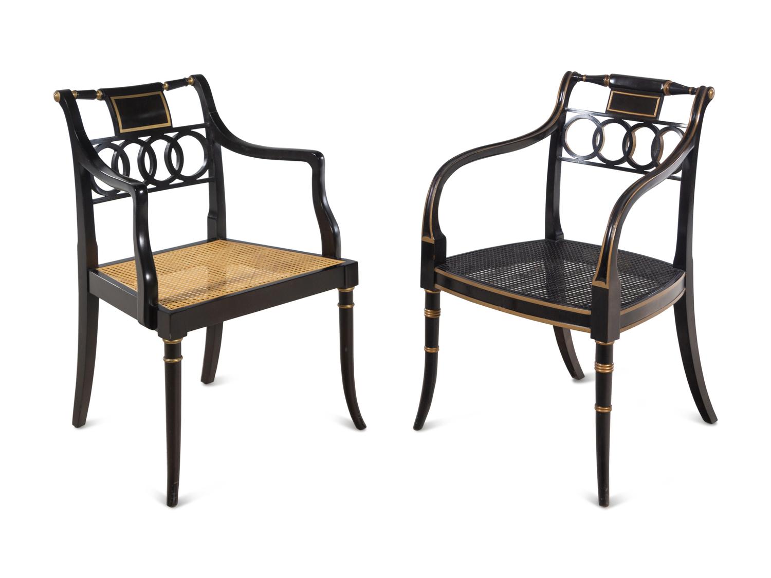 Thirteen Baker Regency Style Ebonized and Parcel Gilt Cane Seat Armchairs