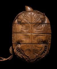 A Japanese Terrapin-Form Boxwood Three- Case Inro, Ojime and Netsuke