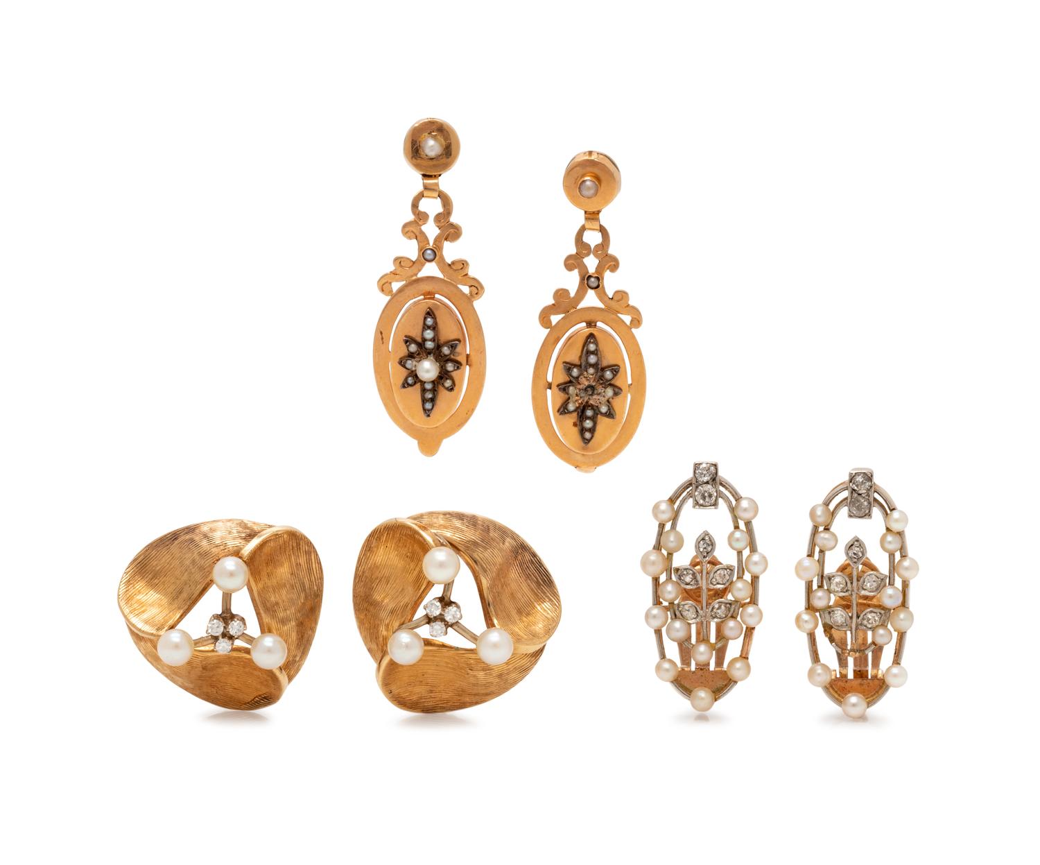 COLLECTION OF YELLOW GOLD AND CULTURED PEARL EARRINGS
