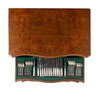 A Cooper Brothers Silver Flatware Service in a Fitted Burl Walnut Chest
