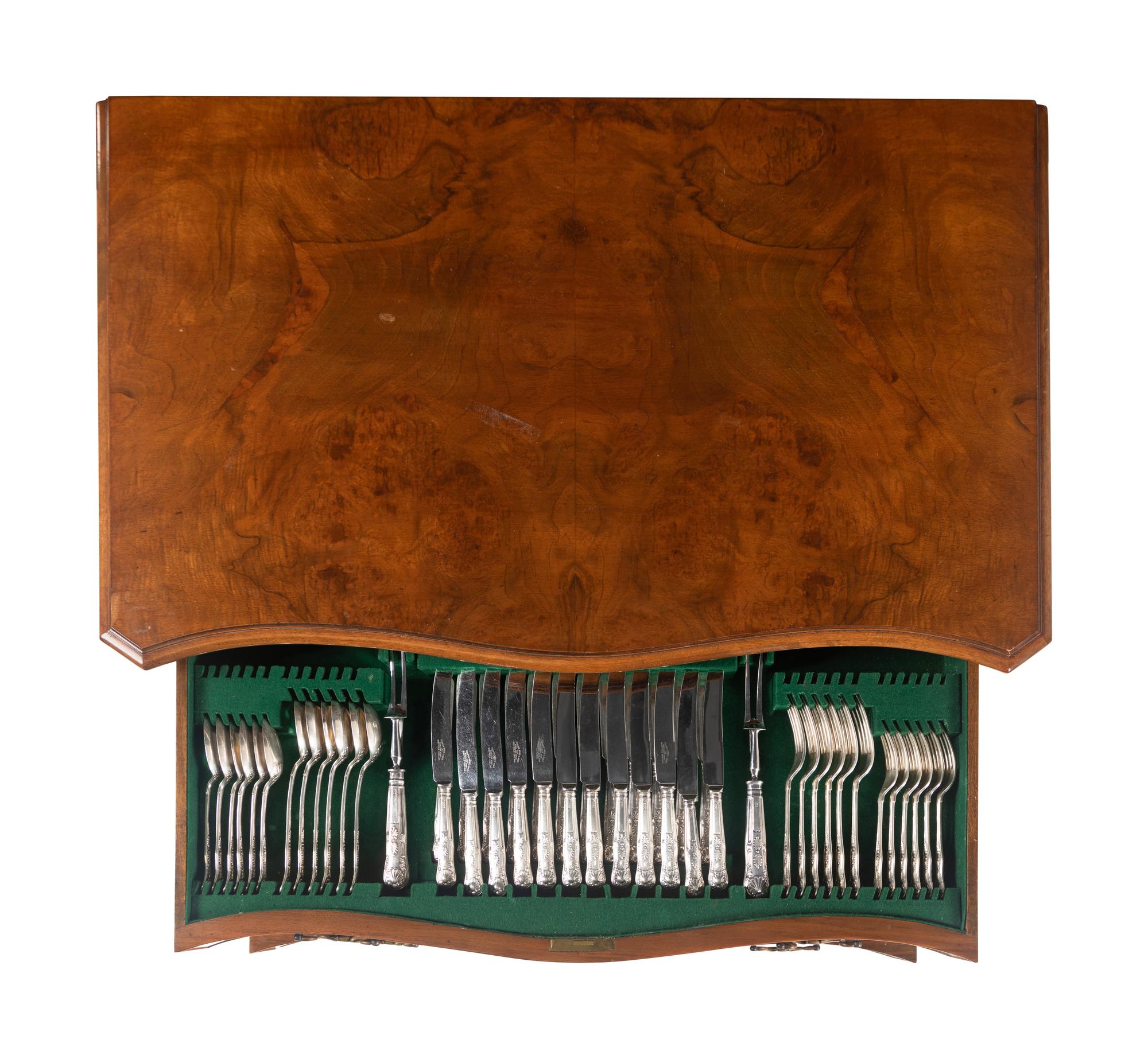 A Cooper Brothers Silver Flatware Service in a Fitted Burl Walnut Chest