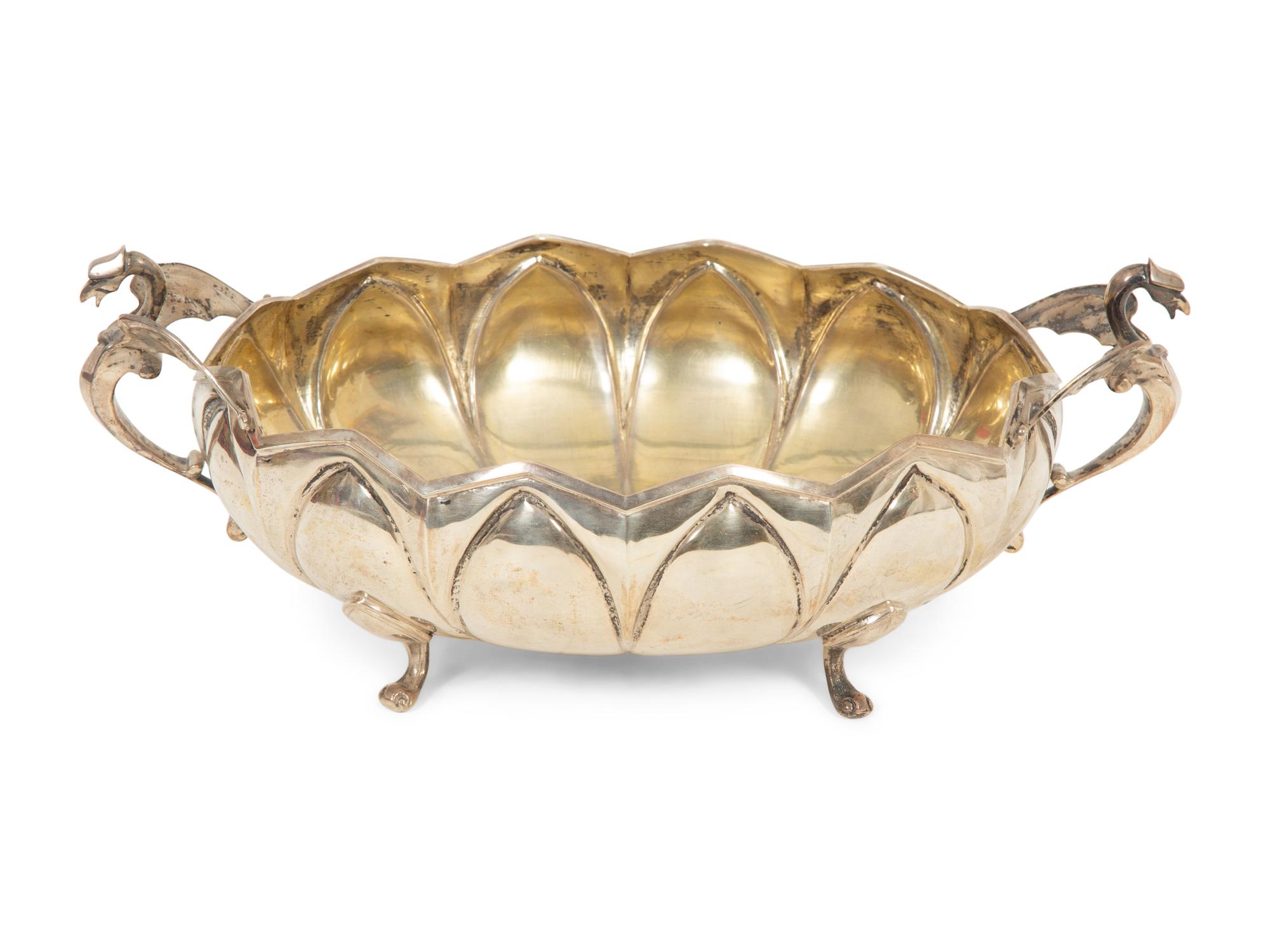 A Continental Silver Plate Bowl with Dragon-Form Handles