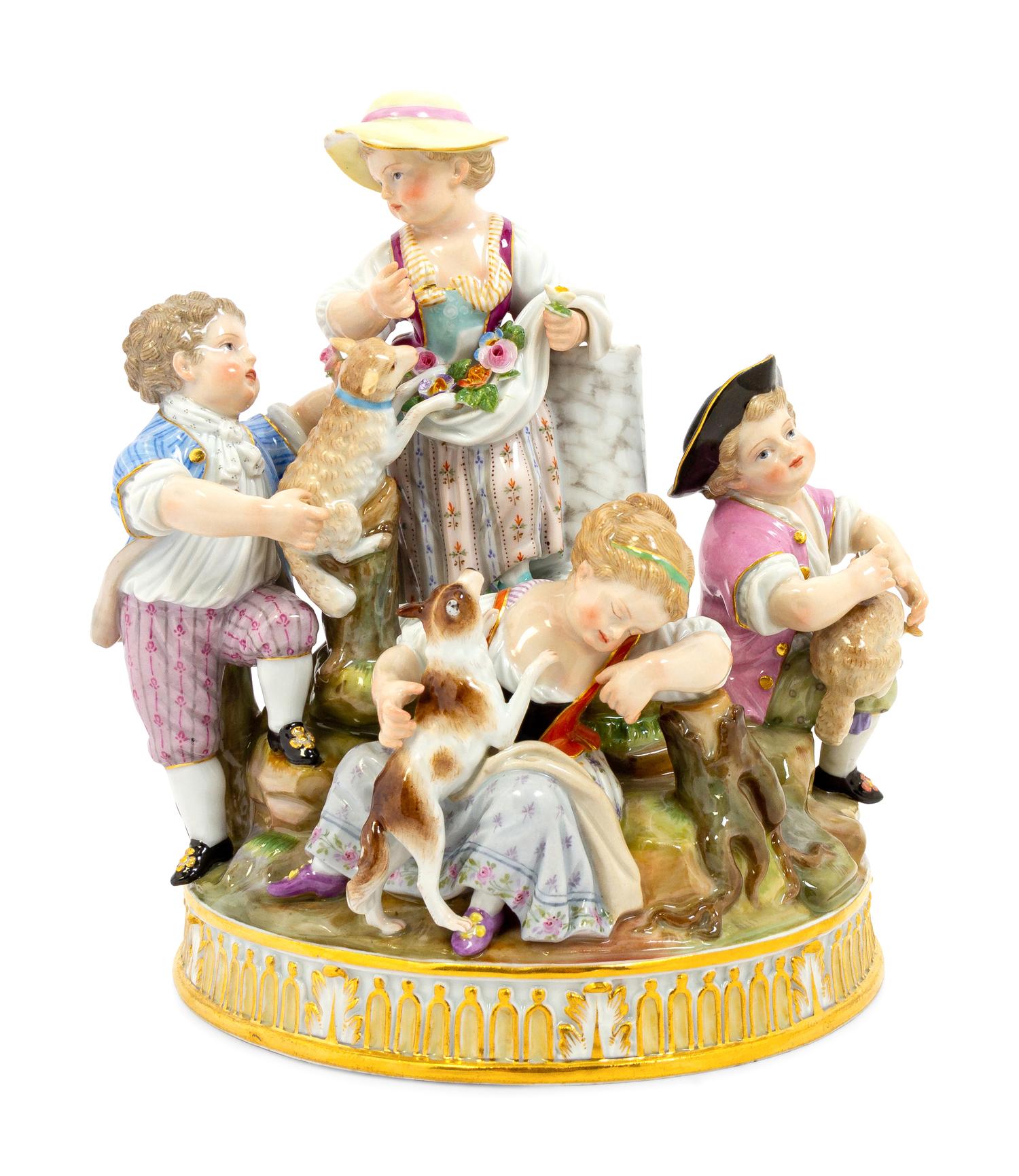 A Meissen Porcelain Figural Group of Children with Lambs and a Dog