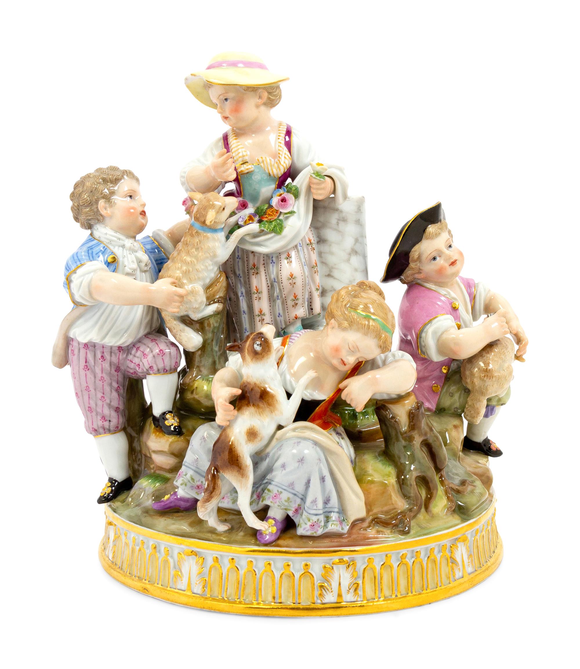 A Meissen Porcelain Figural Group of Children with Lambs and a Dog