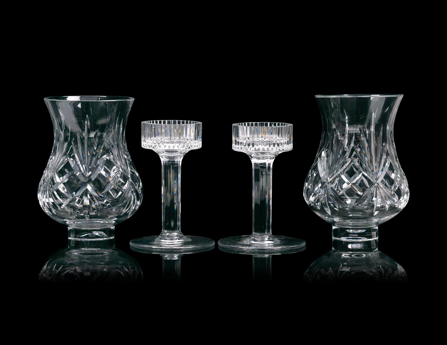 A Pair of Silver Plated Candlesticks with Cut Glass Hurricane Shades