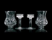 A Pair of Silver Plated Candlesticks with Cut Glass Hurricane Shades