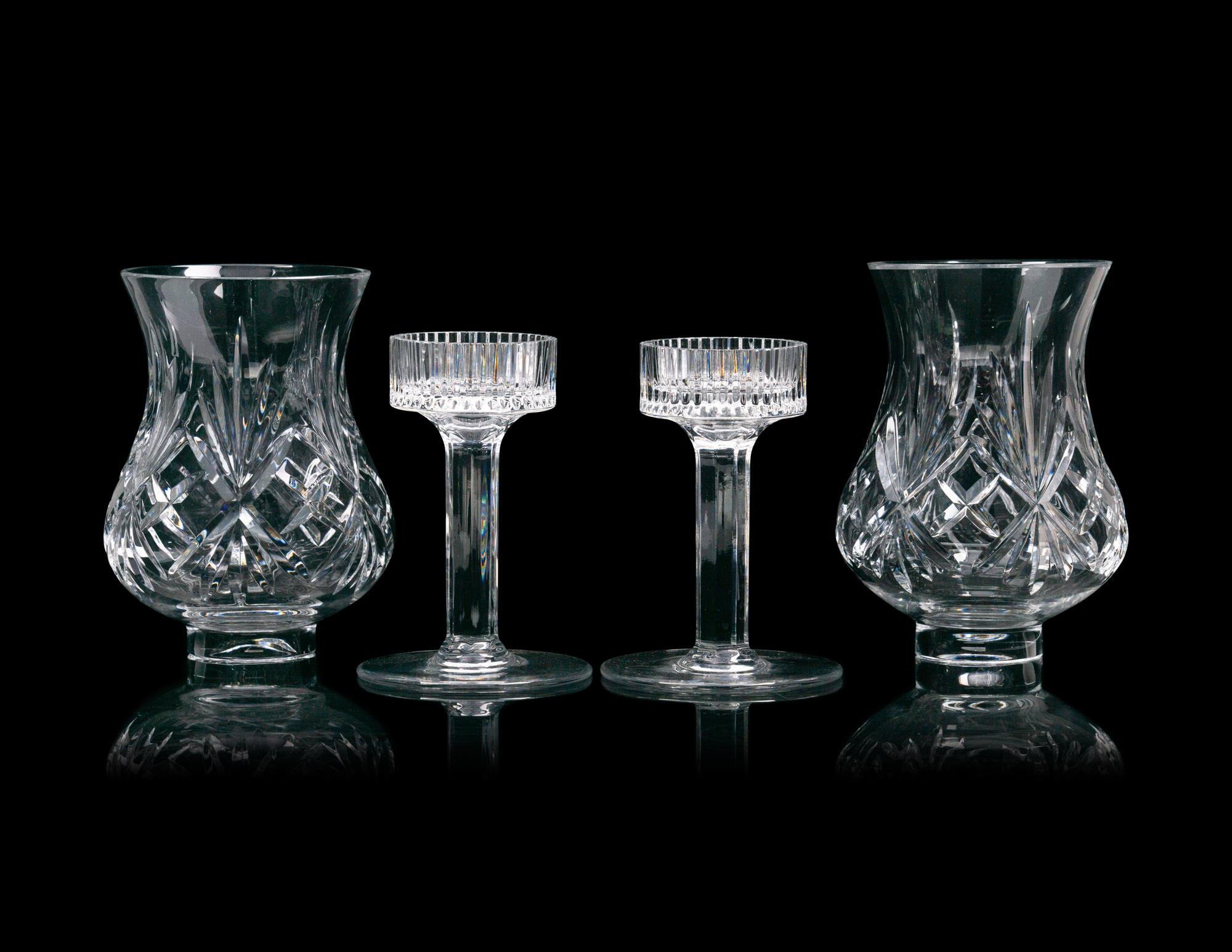 A Pair of Silver Plated Candlesticks with Cut Glass Hurricane Shades