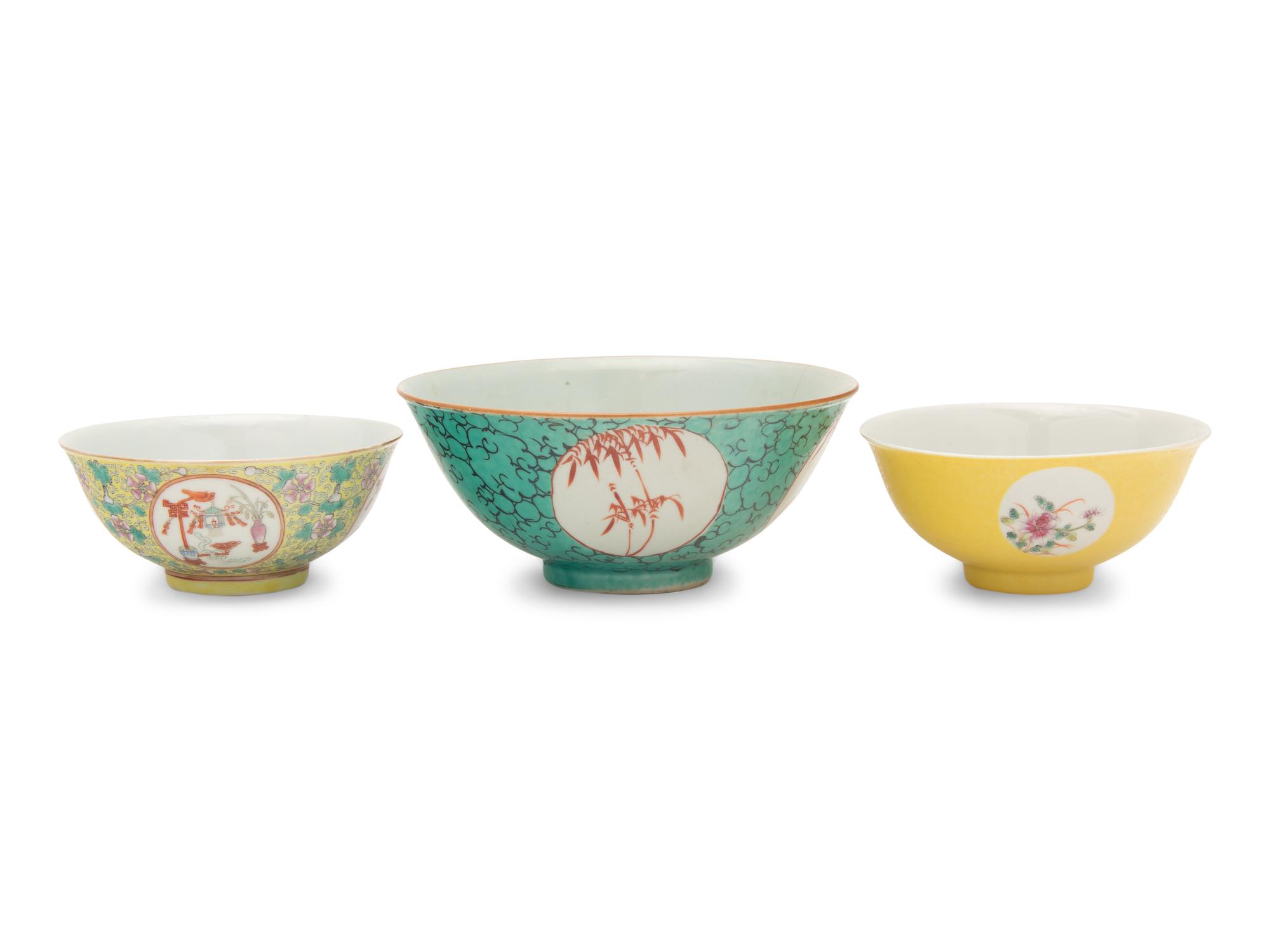 Three Chinese Famille Rose Bowls