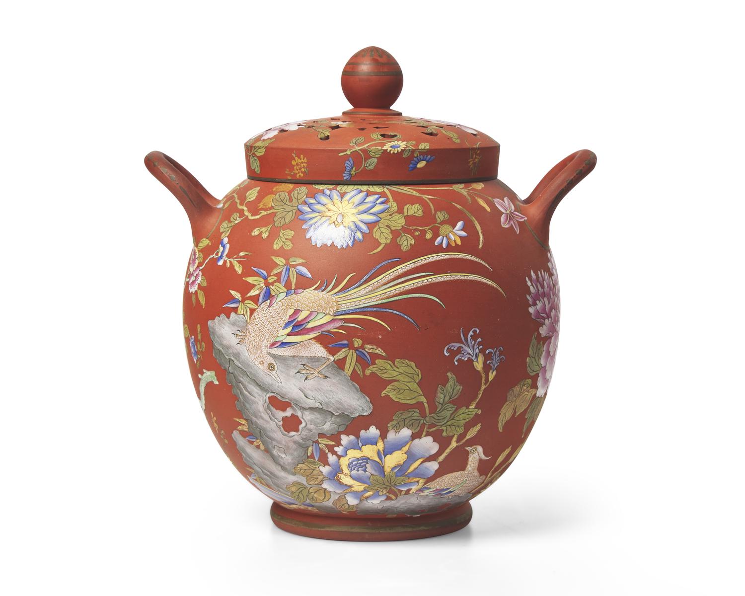 A Wedgwood Polychrome Enameled Rosso Antico Potpourri Jar and Cover