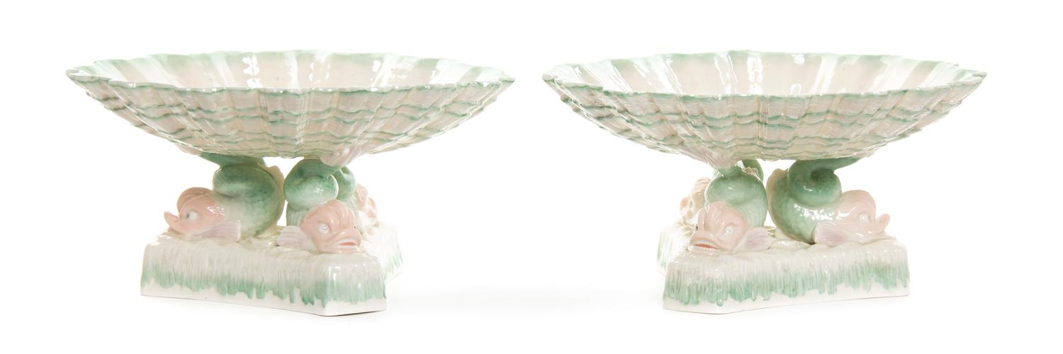 A Pair of Belleek Tri-Dolphin Compotes, Diameter 9 3/4 inches.