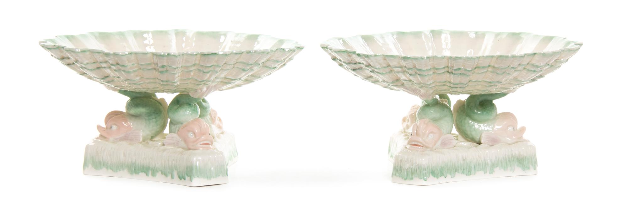 A Pair of Belleek Tri-Dolphin Compotes, Diameter 9 3/4 inches.