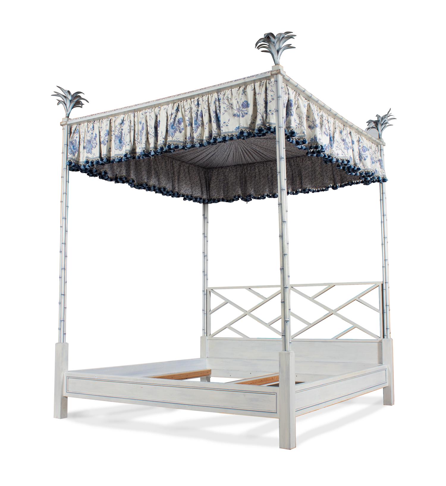 A Blue and White Painted Bamboo Style Four Poster Bed — 20TH CENTURY