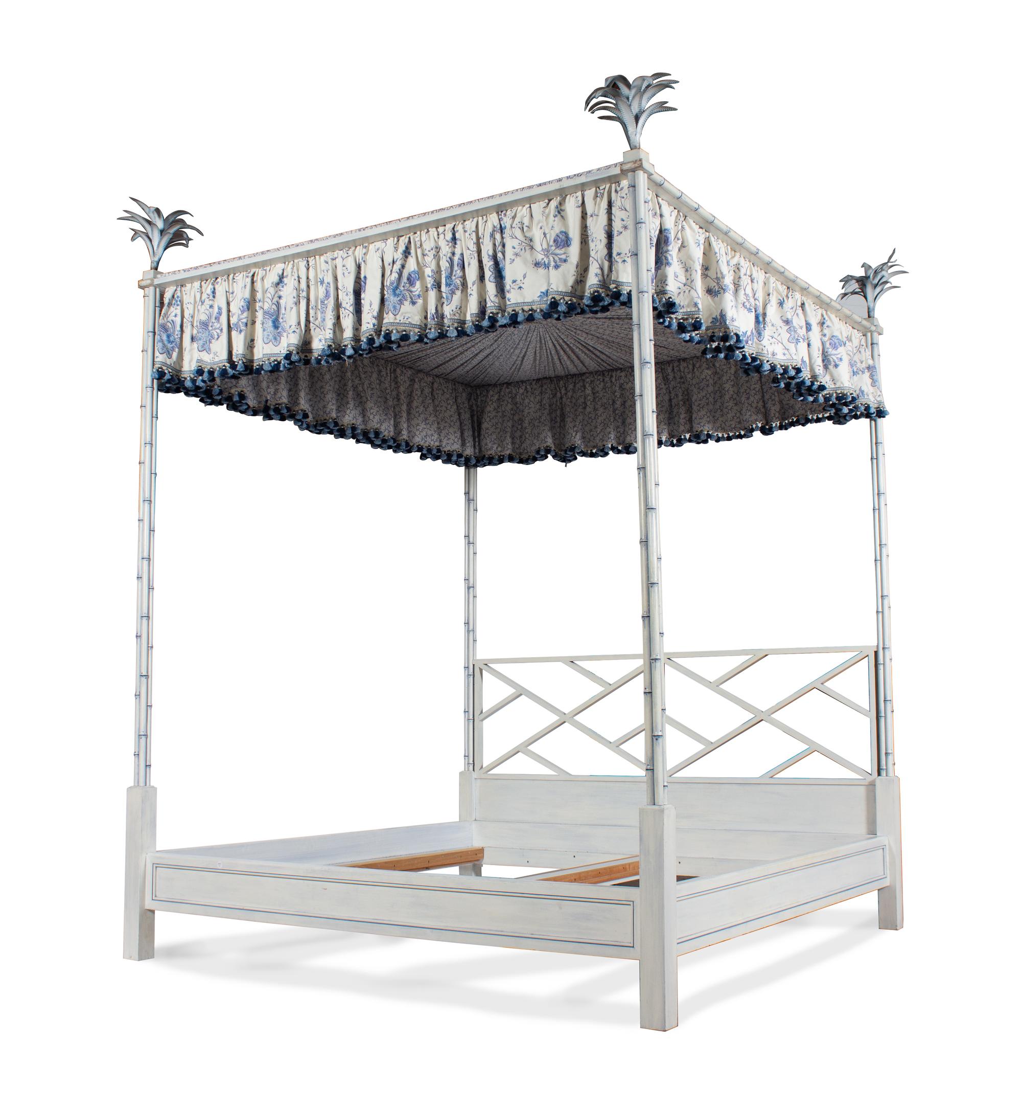 A Blue and White Painted Bamboo Style Four Poster Bed — 20TH CENTURY
