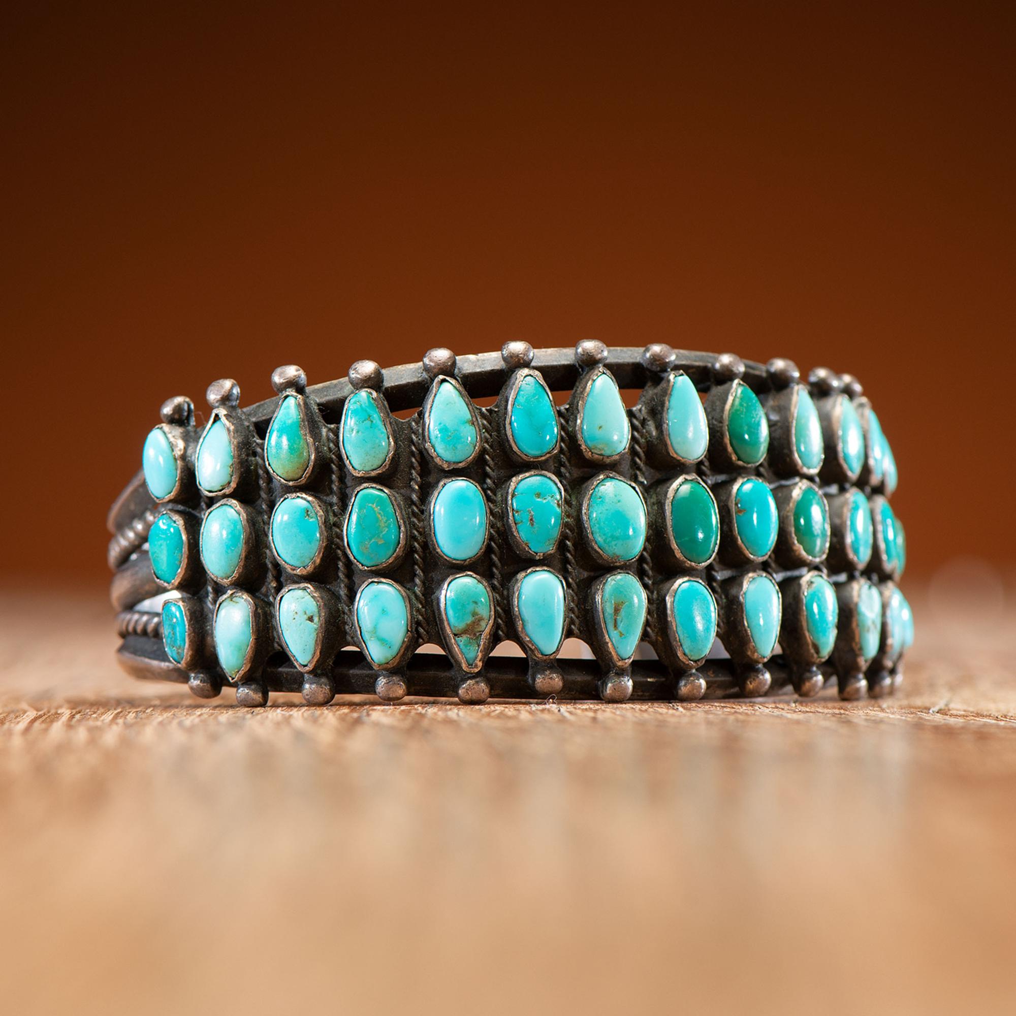 Zuni or Navajo Silver and Petit Point Turquoise Cuff Bracelet