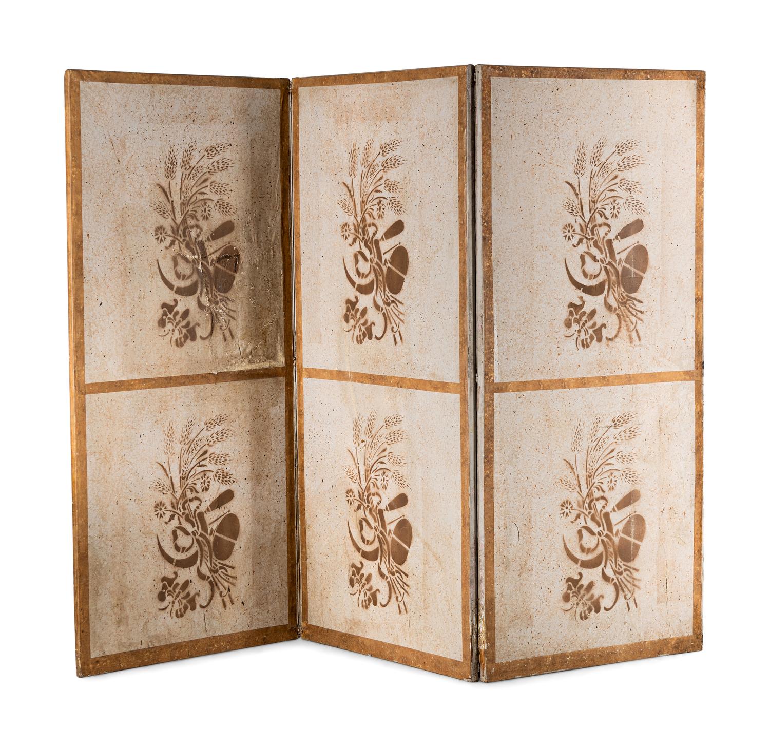 A Louis XVI Style Polychrome Painted Canvas Six-Panel Floor Screen