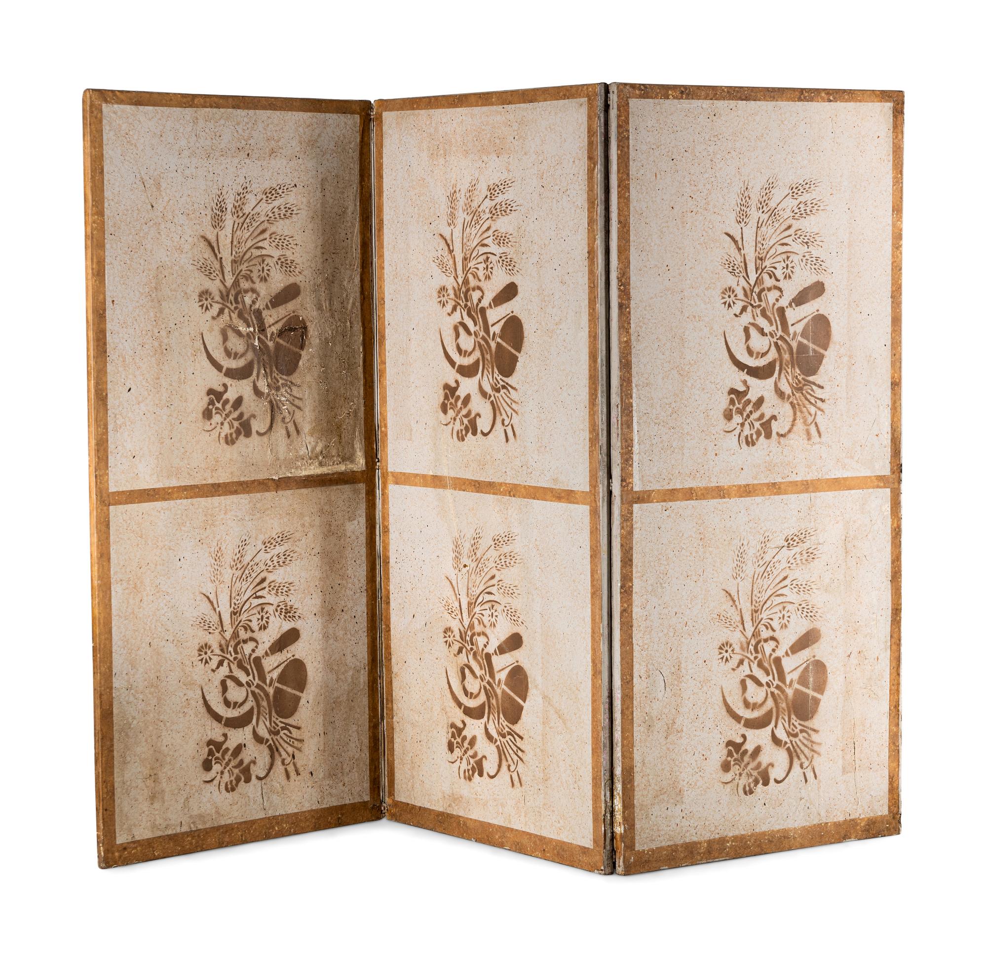 A Louis XVI Style Polychrome Painted Canvas Six-Panel Floor Screen