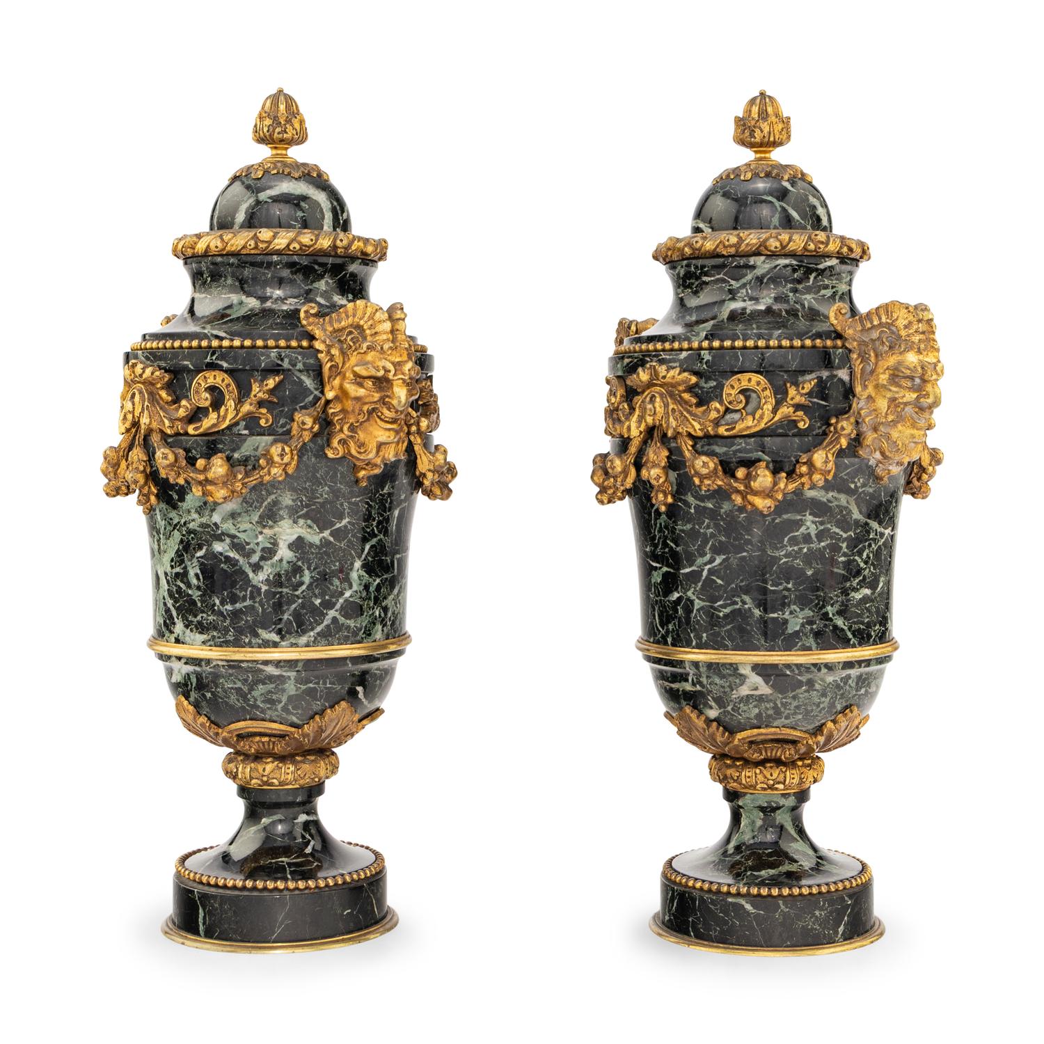 A Pair of French Gilt Bronze Mounted Verde Antico Marble Urns