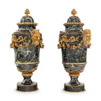 A Pair of French Gilt Bronze Mounted Verde Antico Marble Urns