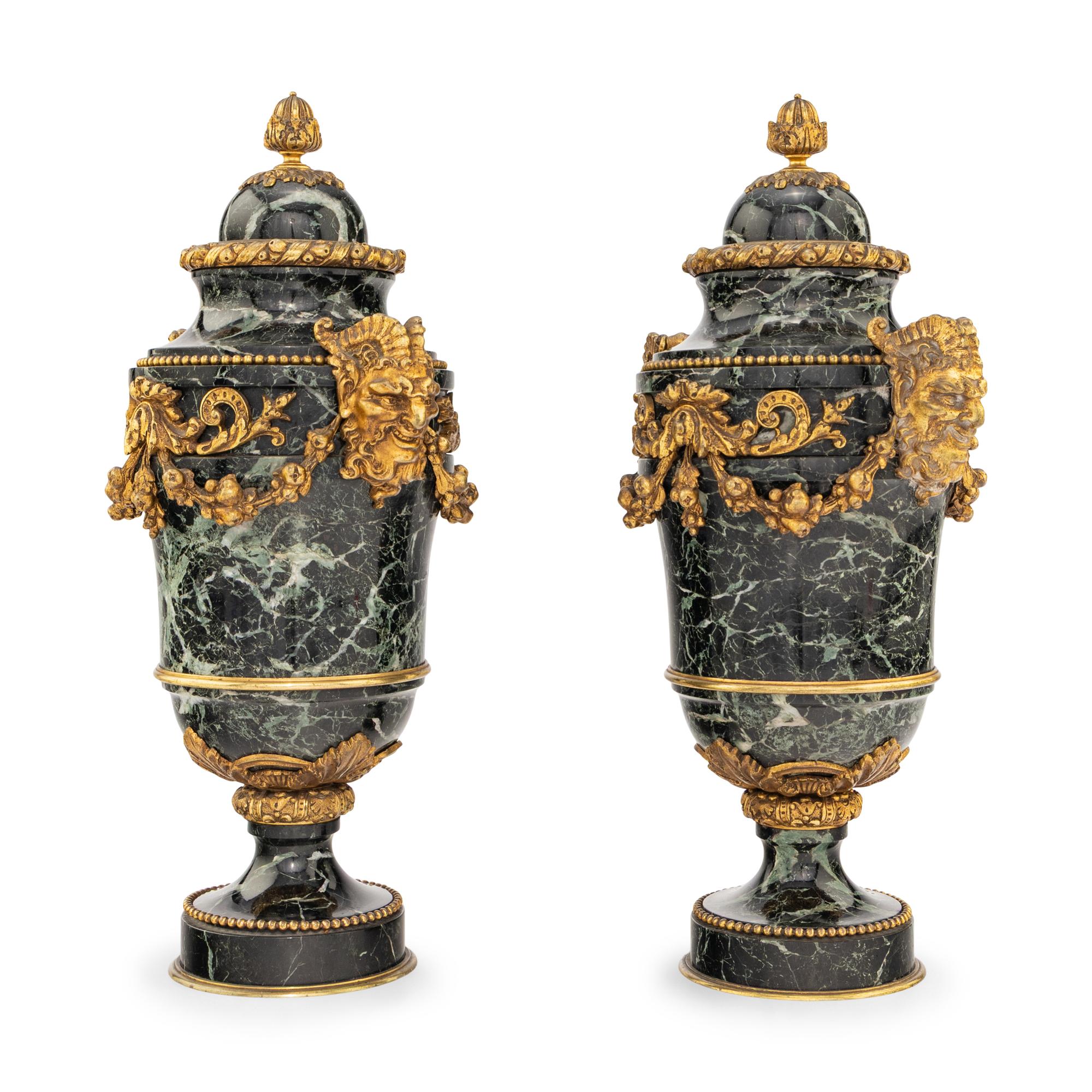 A Pair of French Gilt Bronze Mounted Verde Antico Marble Urns