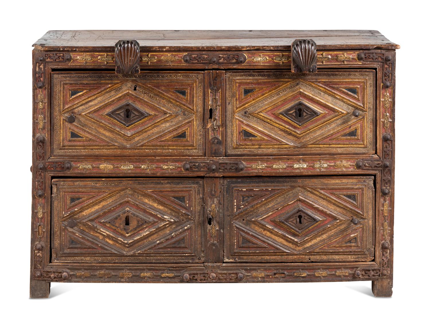 A Spanish Iron Mounted Red-Stained and Parcel-Gilt Walnut Vargueno Base