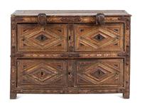 A Spanish Iron Mounted Red-Stained and Parcel-Gilt Walnut Vargueno Base