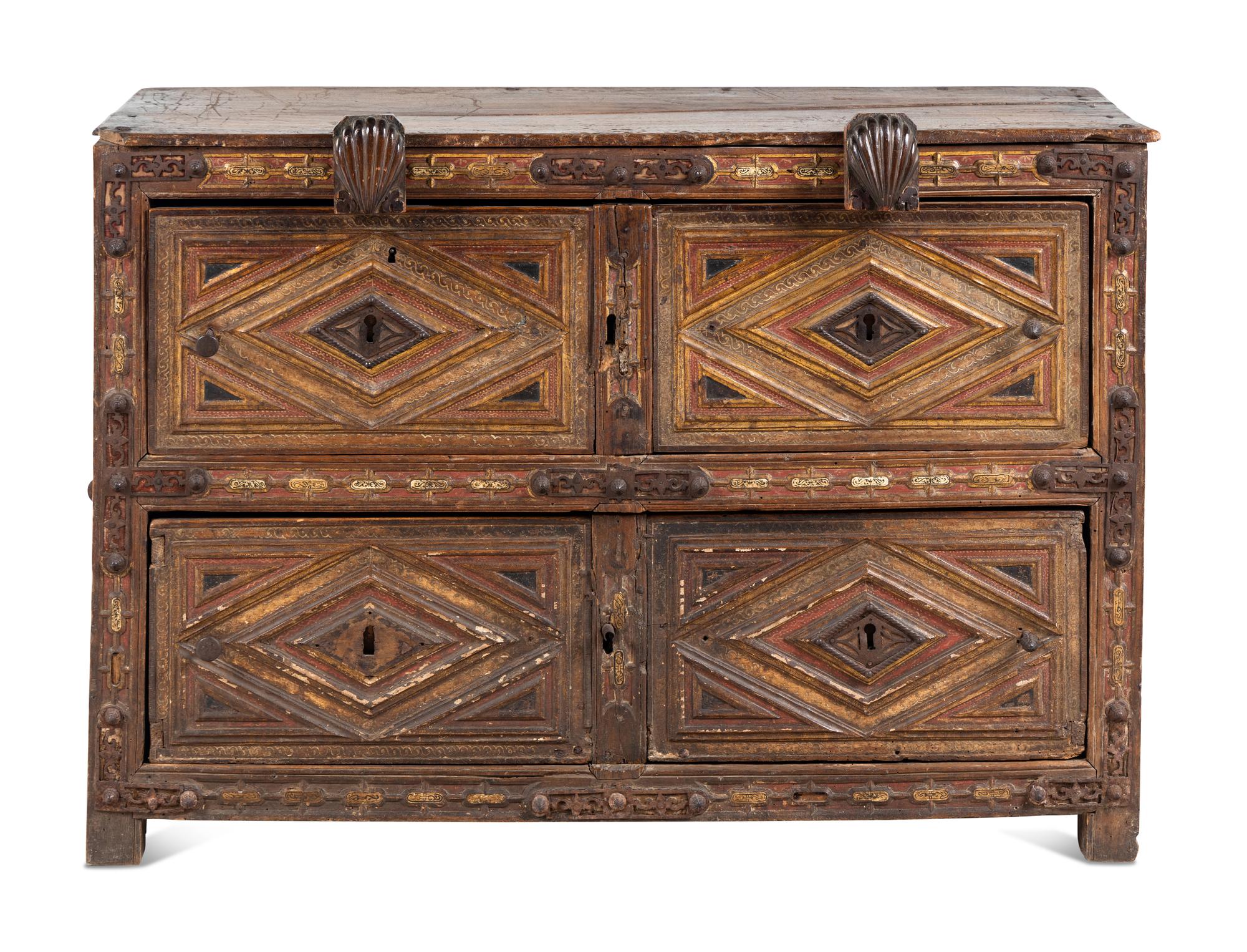 A Spanish Iron Mounted Red-Stained and Parcel-Gilt Walnut Vargueno Base