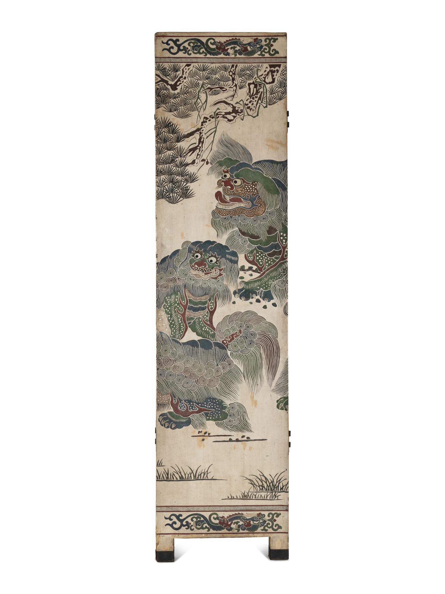 A Large Polychrome Lacquered Six-Panel Floor Screen