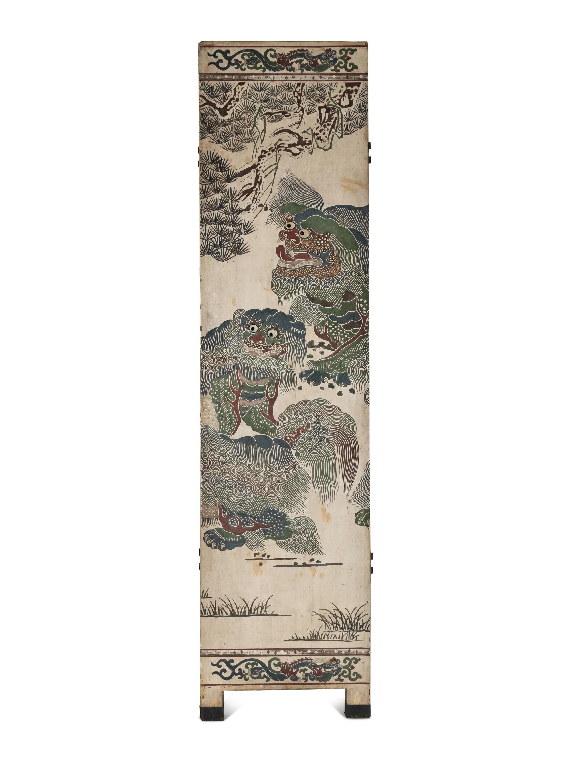A Large Polychrome Lacquered Six-Panel Floor Screen