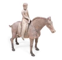 A Rare Chinese Painted Pottery Equestrian Figure Height 16 inches. — EARLY TANG DYNASTY (618-907)