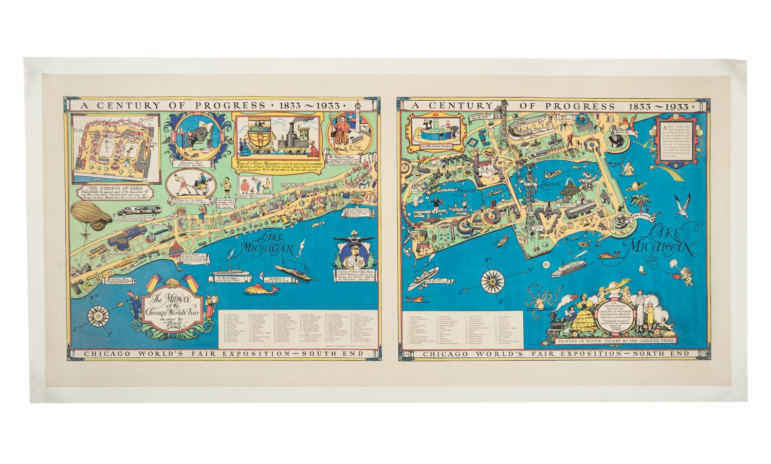 [CHICAGO]. SARG, Anthony Frederick (1880-1942). Century of Progress 1833-1933. A Geographical Map of the Century of Progress Exposition Held in Chicago, Illinois 1933 . Chicago: The Lakeside Press for the Reuben H. Donnelley Corporation, 1933.
