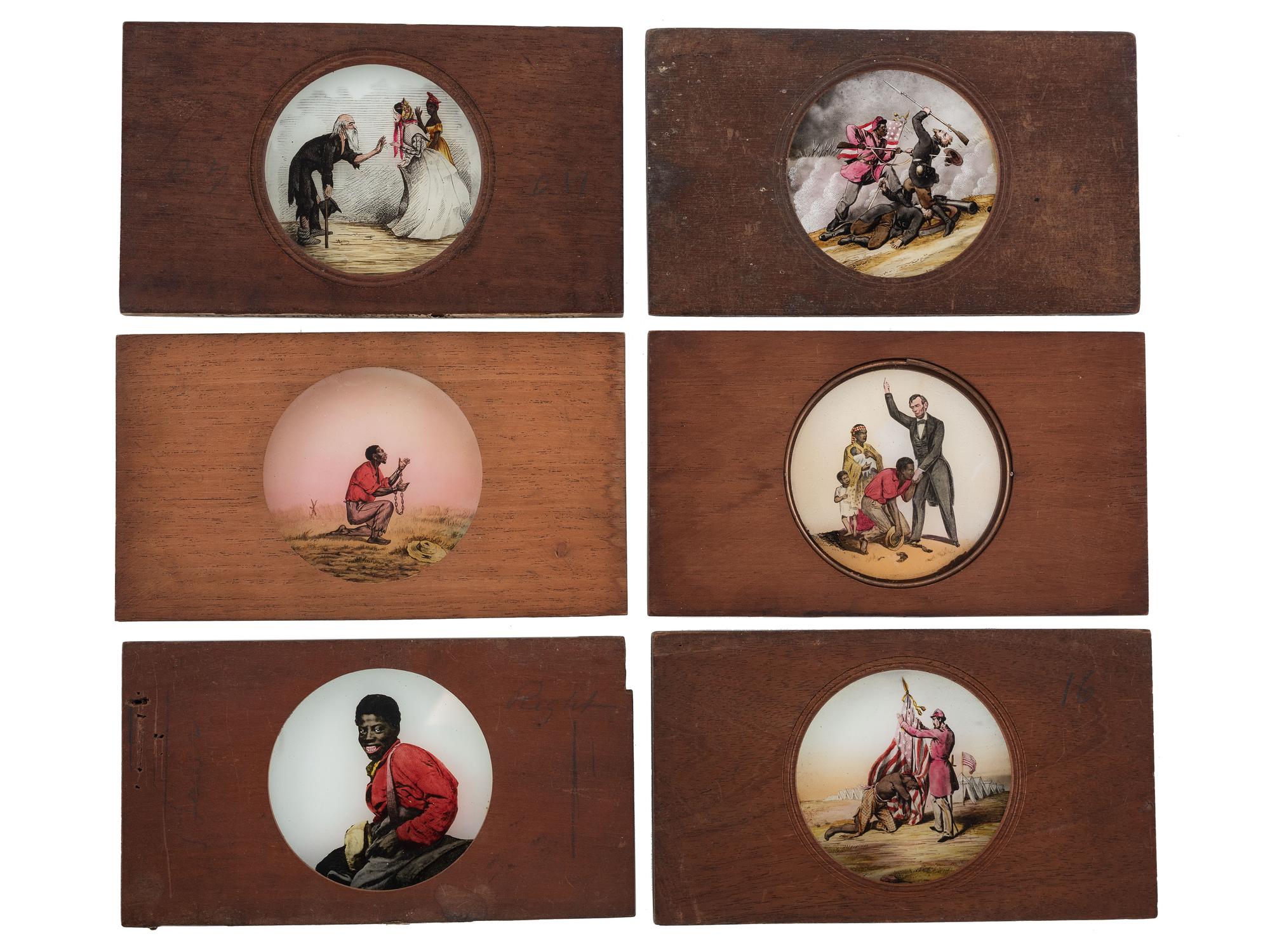 [CIVIL WAR - MAGIC LANTERN SLIDES]. A collection of magic lantern slides depicting enslaved people, Civil War battles, and caricatures, including: