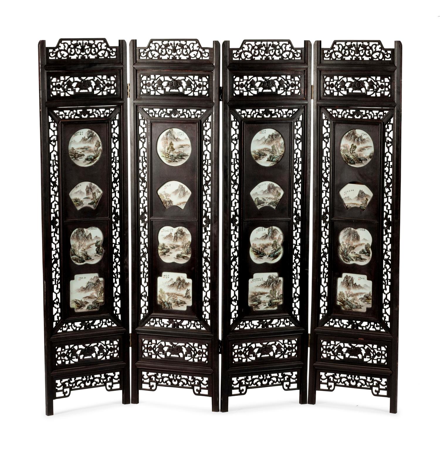 A Chinese Porcelain-Mounted Hardwood Four-Panel Floor Screen