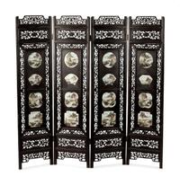 A Chinese Porcelain-Mounted Hardwood Four-Panel Floor Screen